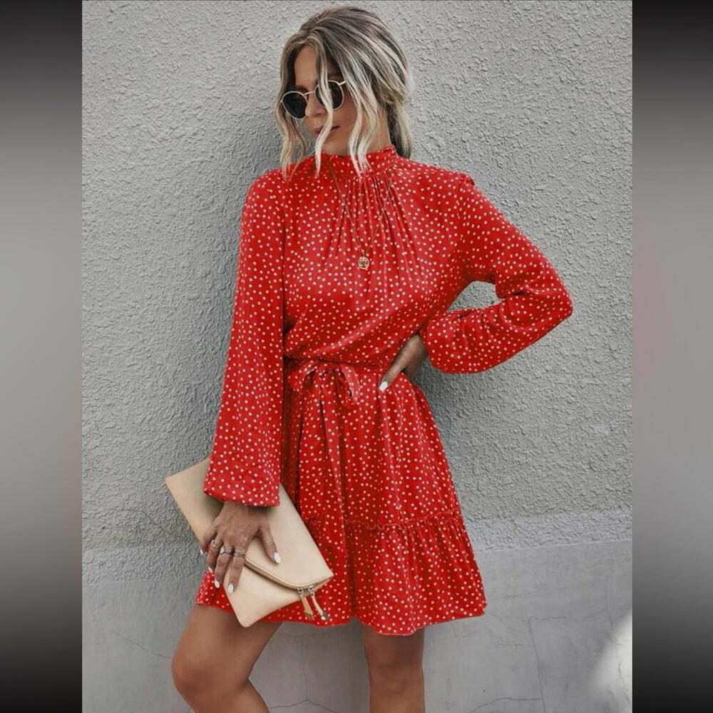 Red Polka Dot Long Sleeve Dress with Waist Tie